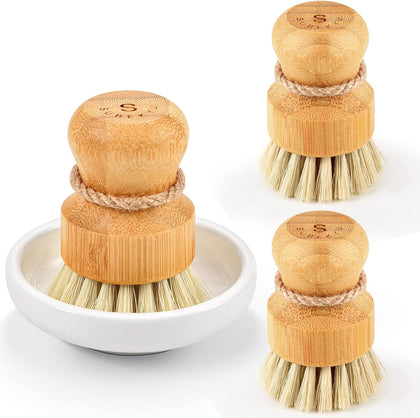 Bamboo Dish Scrub Brushes,Kitchen Wooden Cleaning Scrubbers Set for Washing Cast Iron Pan/Pot, Natural Sisal