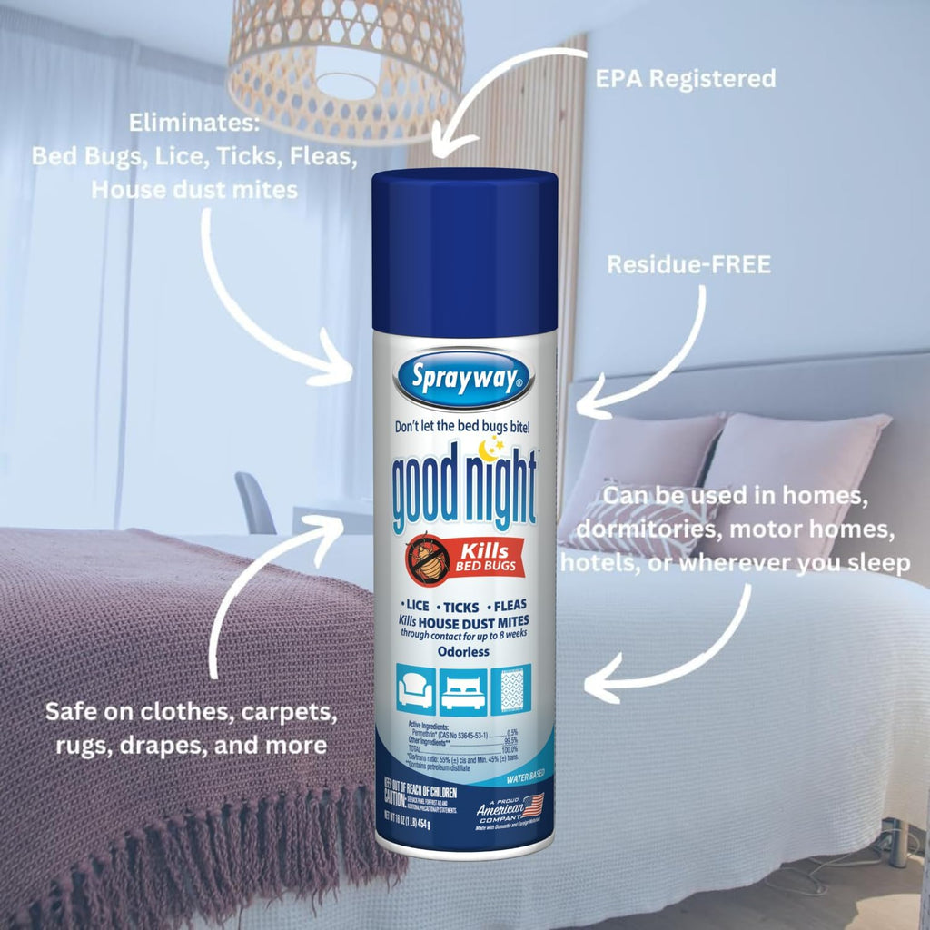 Good Night Bed Bug Spray, 16oz | Odorless, Water-Based, EPA Registered | Eliminates Bed Bugs, Lice, Ticks, Fleas