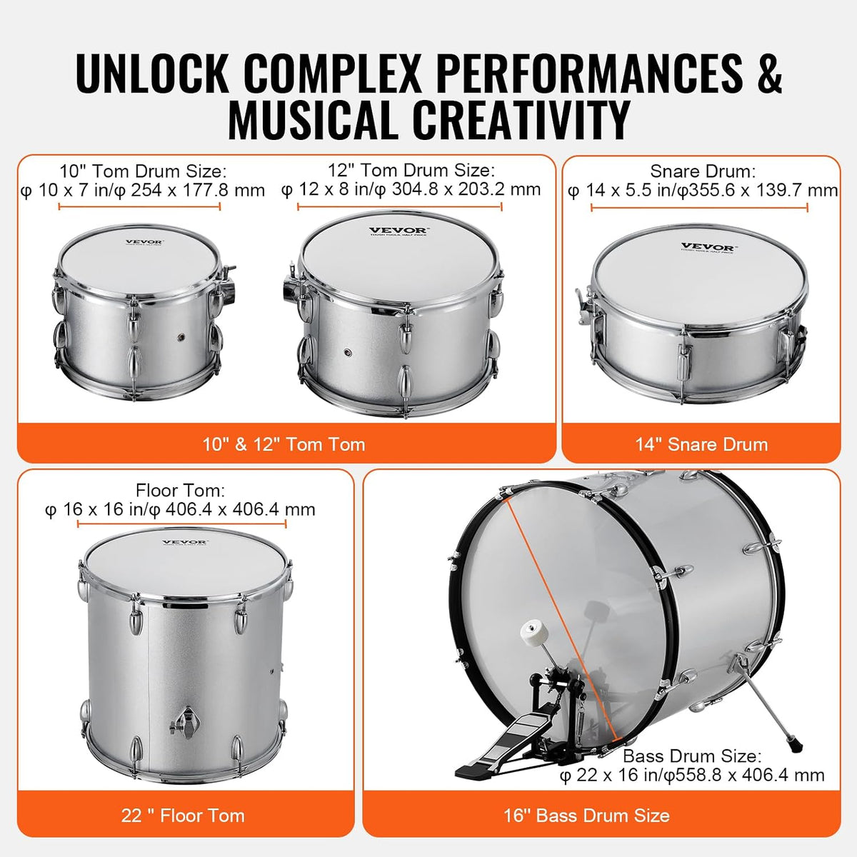 Adult Drum Set, 5-Piece, 22 inches Complete Full Size Drum Kit with Bass Toms Snare Floor Drum Adjustable Throne