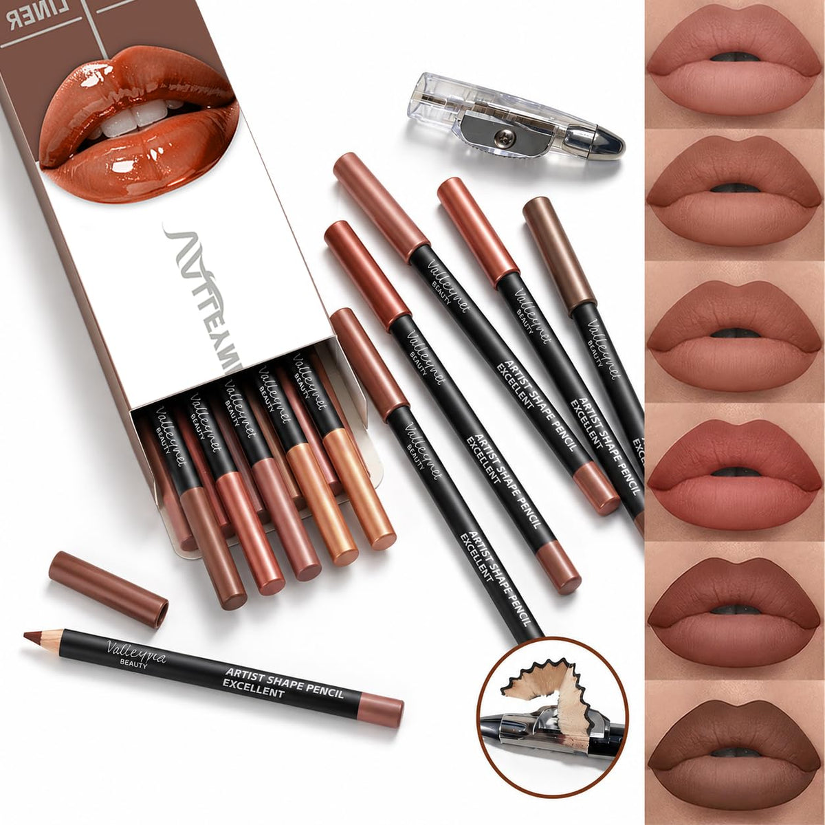 6 Colors Nude Brown Lip Liner Set with Sharpener, Long Lasting