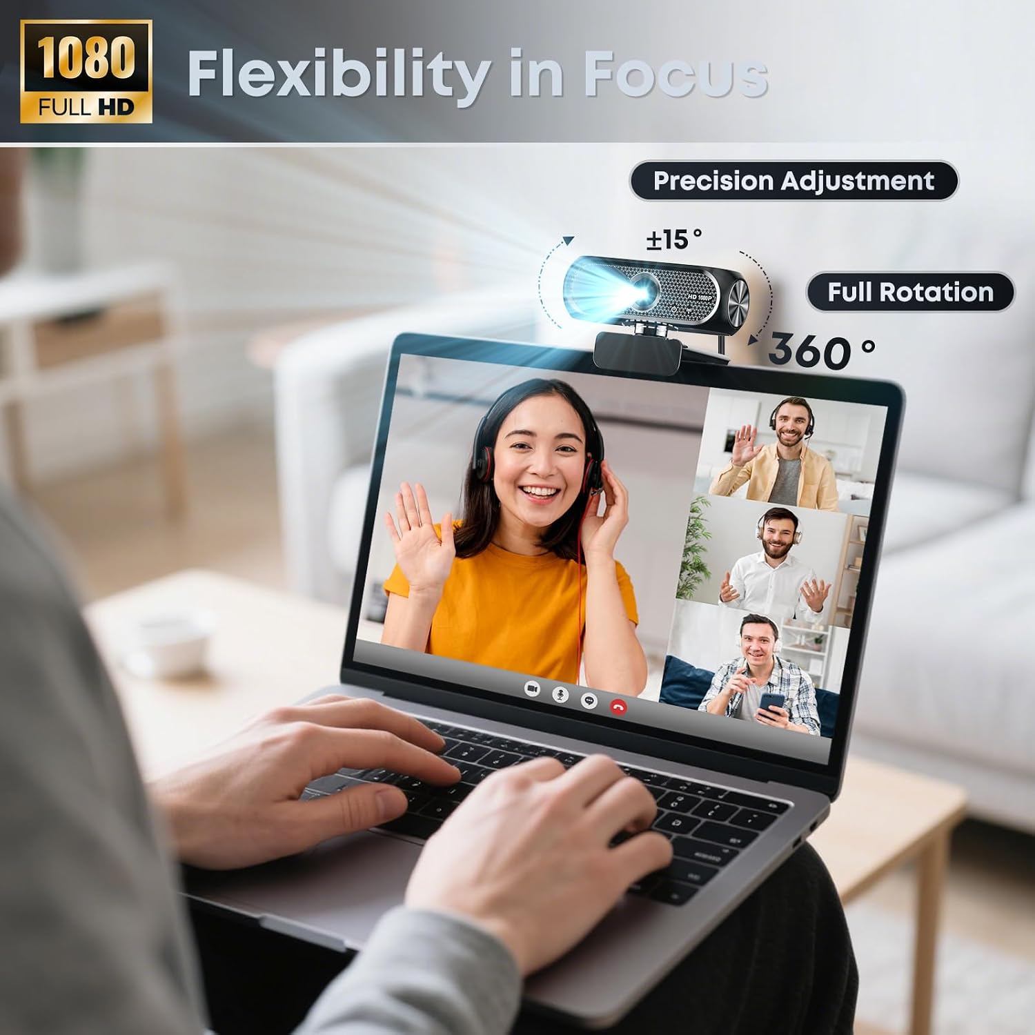 1080P HD Webcam with Microphone, Noise Cancellation, Privacy Cover, Wide-Angle Lens, Auto Light Correction, Plug &