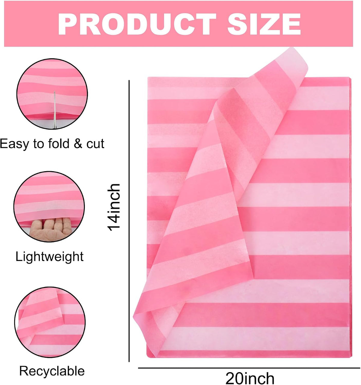 30 Sheets Rose Pink Big Stripe Tissue Paper Bulk for Gift Wrapping