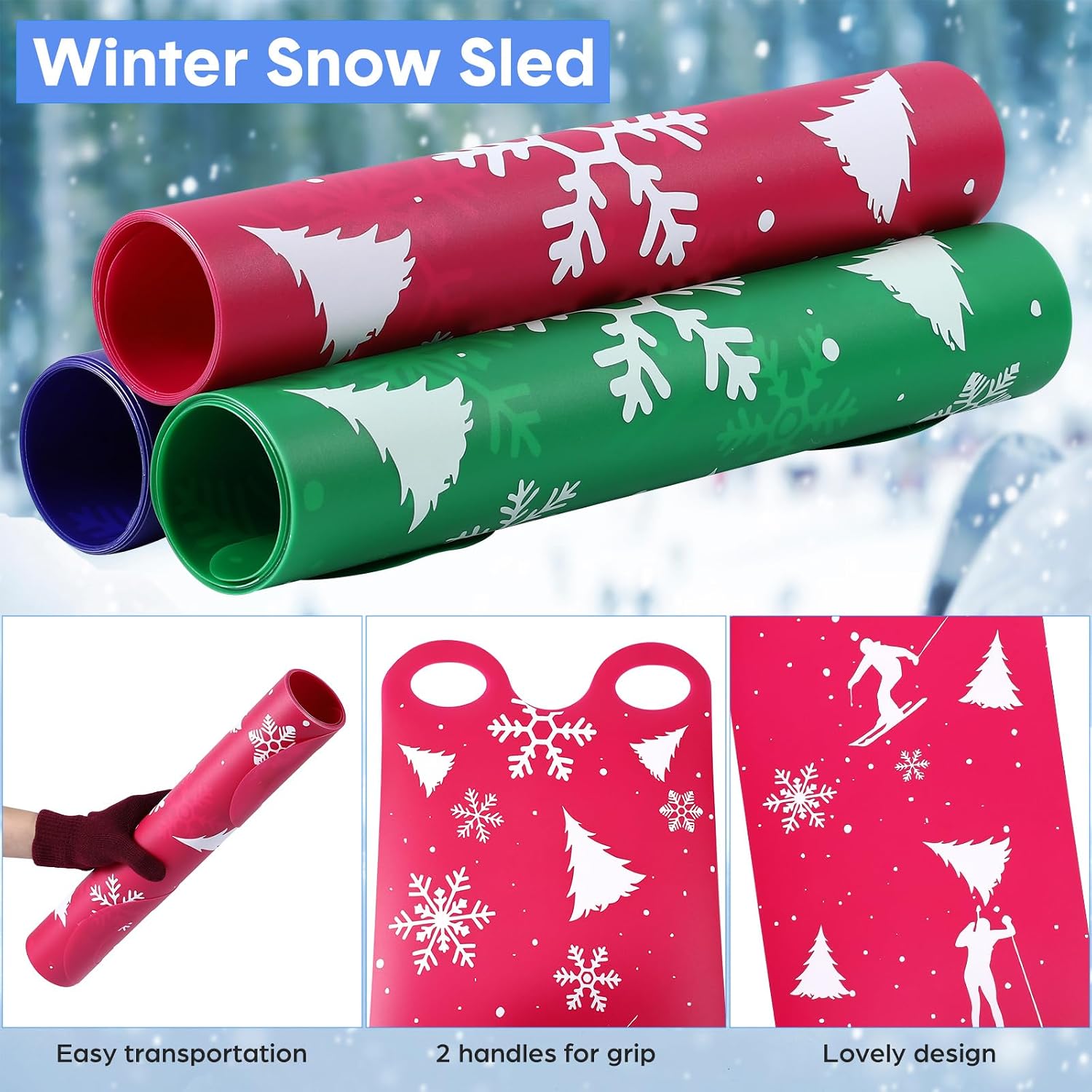 Large 54" Snow Sled for Adults Snowflake Flying Slider Mat with Handles and Warm Winter Gloves Snow Carpet