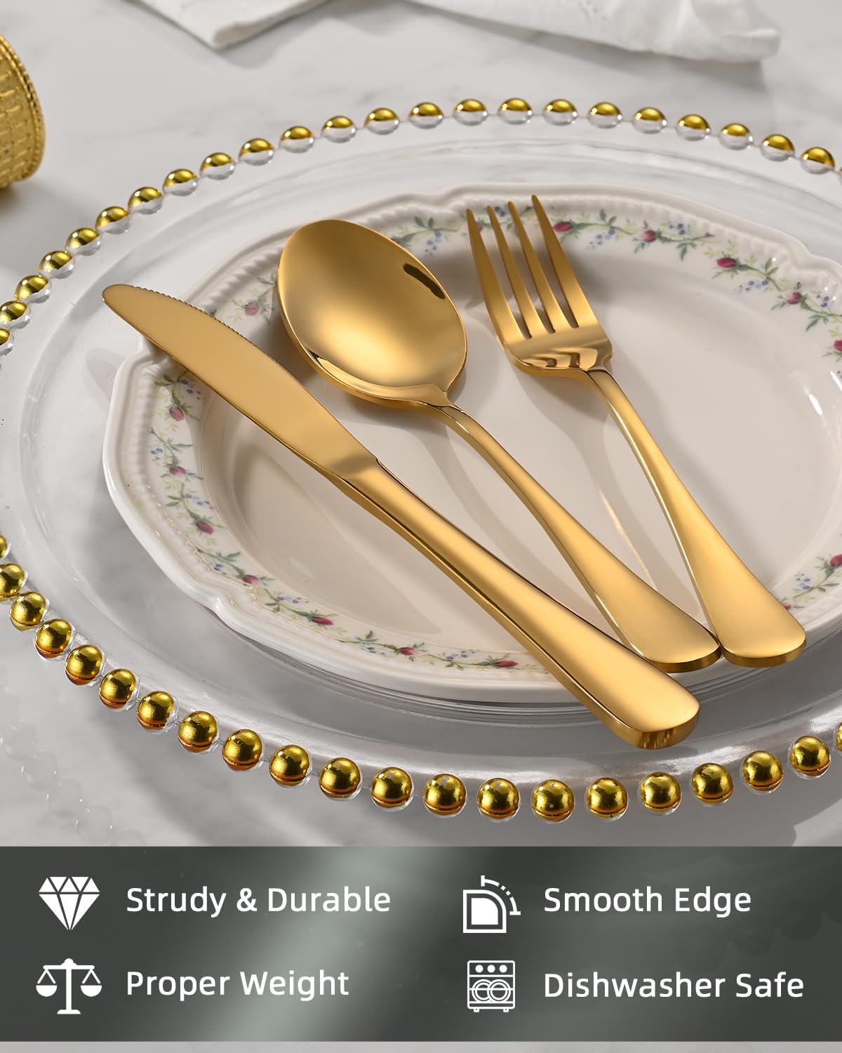 60 Piece Gold Silverware Set - Service for 20, Stainless Steel Flatware Cutlery Set Include Knife Spoon Fork, Gold