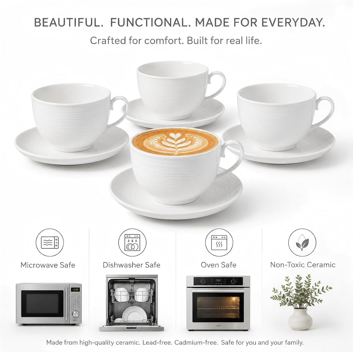 Porcelain Cappuccino Cups with Saucers, 4-Piece Coffee Cup Set