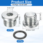 uxcell 4Pcs SAE 1/2-20 UNF Inner Hex Head Pipe Fitting Plug, Universal Carbon Steel Thread Socket Plug with O-Ring for Terminate Pipe Ends or Replacement Drains