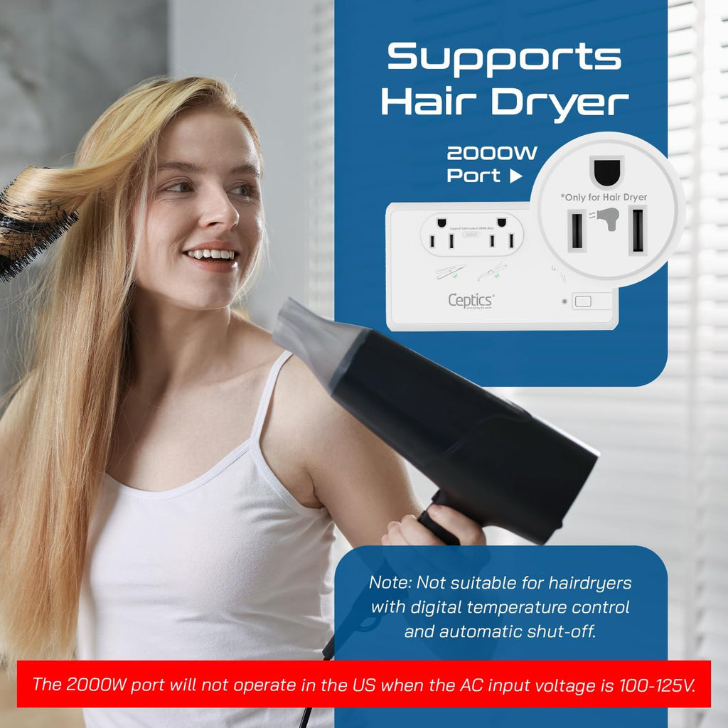 2000W Travel Voltage Converter for Hair Dryer & 200W Convert 220V to 110V for Curling Iron, Straightener, Chargers