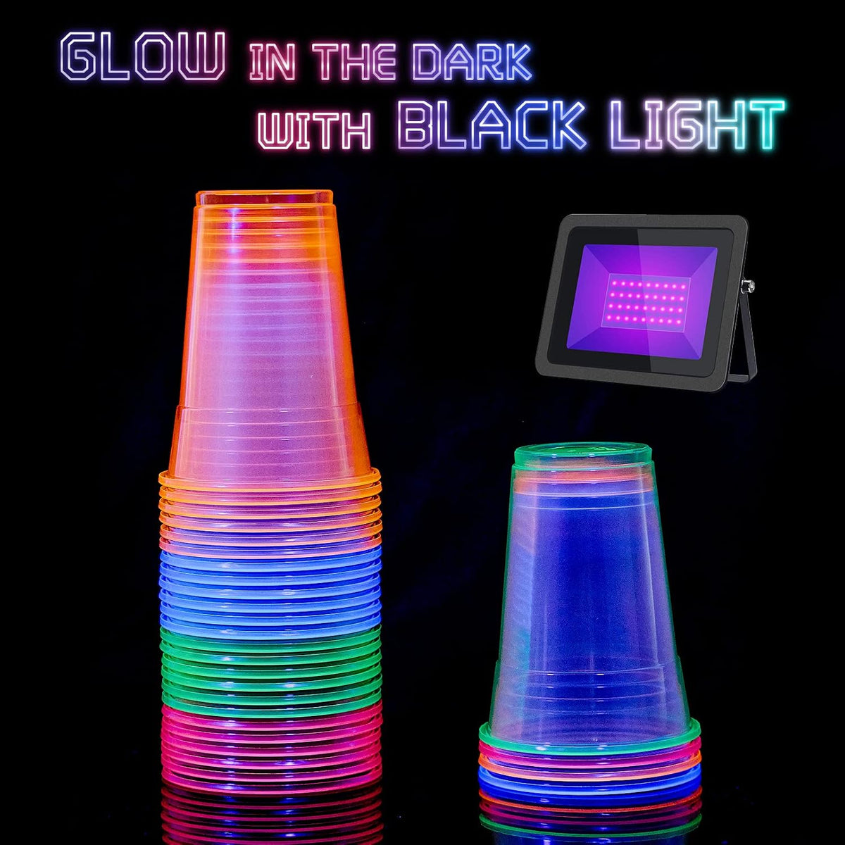 100 Pack 16 oz Plastic Cups, Assorted Neon Glow Party Cups