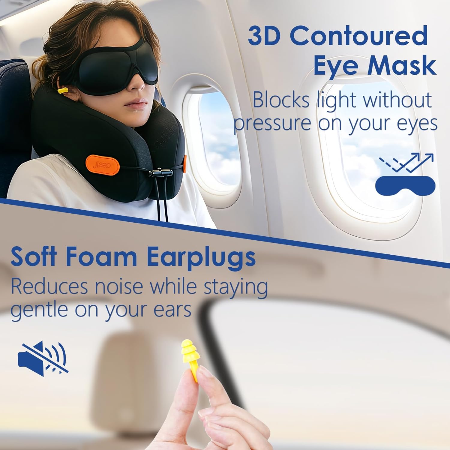 Travel Pillow Memory Foam Neck Pillow for Airplanes with Adjustable Neck Support, Includes Eye Mask, Earplugs &