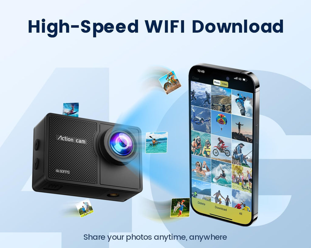 4K 60FPS Action Camera with 64GB Card-48MP Waterproof Camera,40M Underwater Camera,8X Zoom,EIS