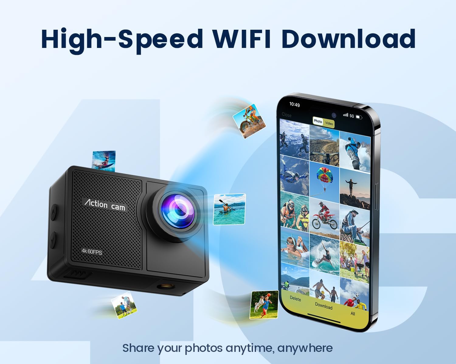 4K 60FPS Action Camera with 64GB Card-48MP Waterproof Camera,40M Underwater Camera,8X Zoom,EIS