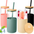 4 Pack 20 oz Glass Cups with Lids and Straws, Iced Coffee Cup Smoothie Cup with Silicone Sleeve Drinking Glasses