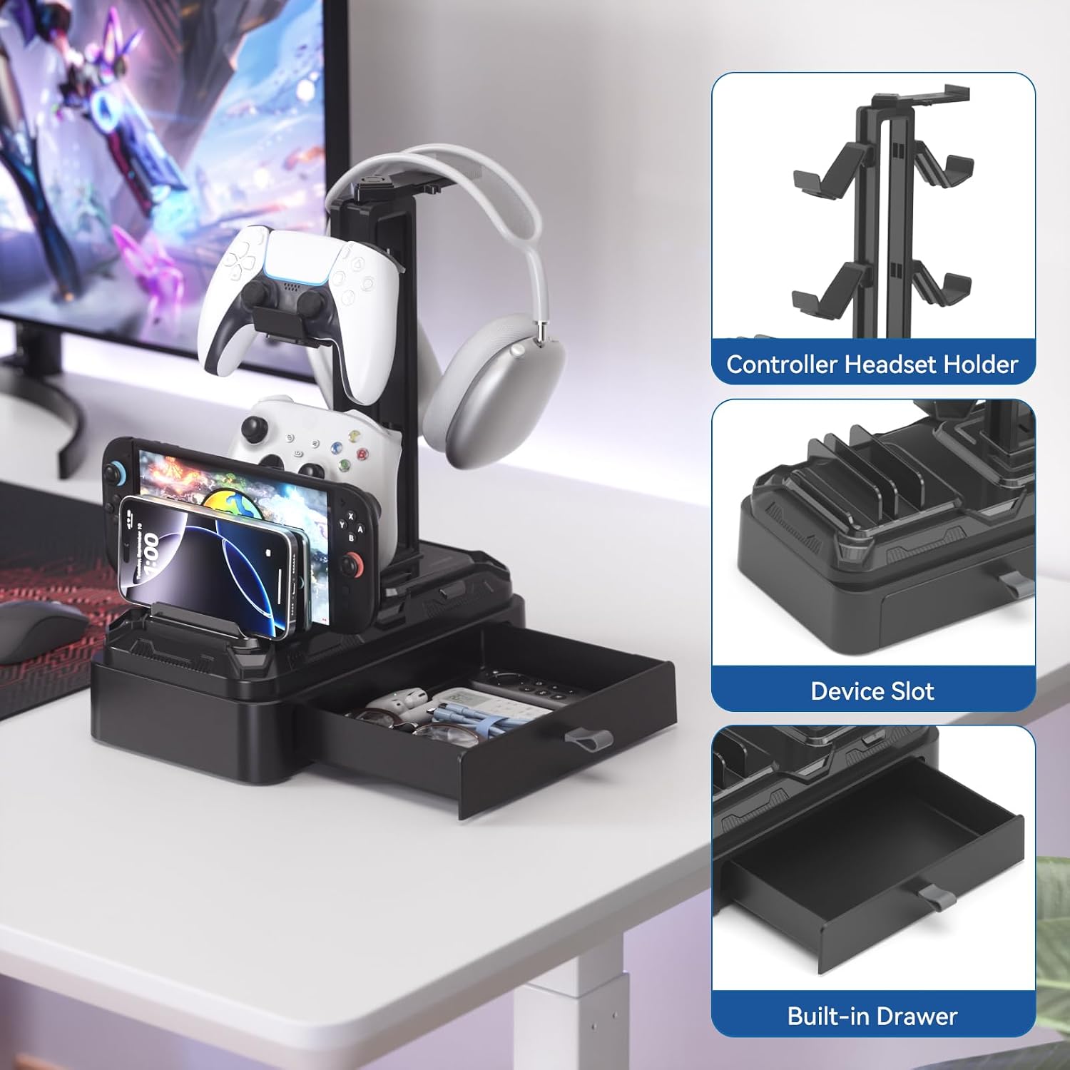 Headphone Stand with Drawer - Rotatable Headset & Detachable Controller Holder for Desk - Multifunctional Organizer
