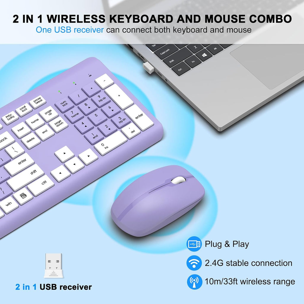 Wireless Keyboard and Mouse Combo, MK258 Full Size Silent Keyboard (Purple) | Silent for Home Office, Optical Mouse