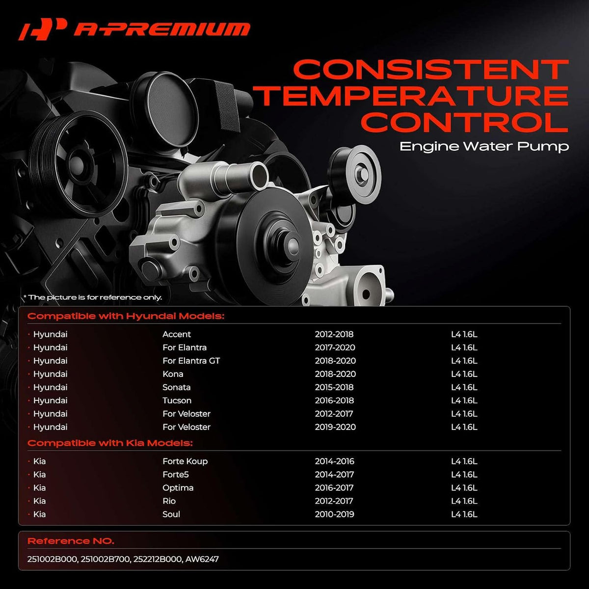 A-Premium Engine Water Pump (4Cyl 1.6L) Compatible with Hyundai, Kia