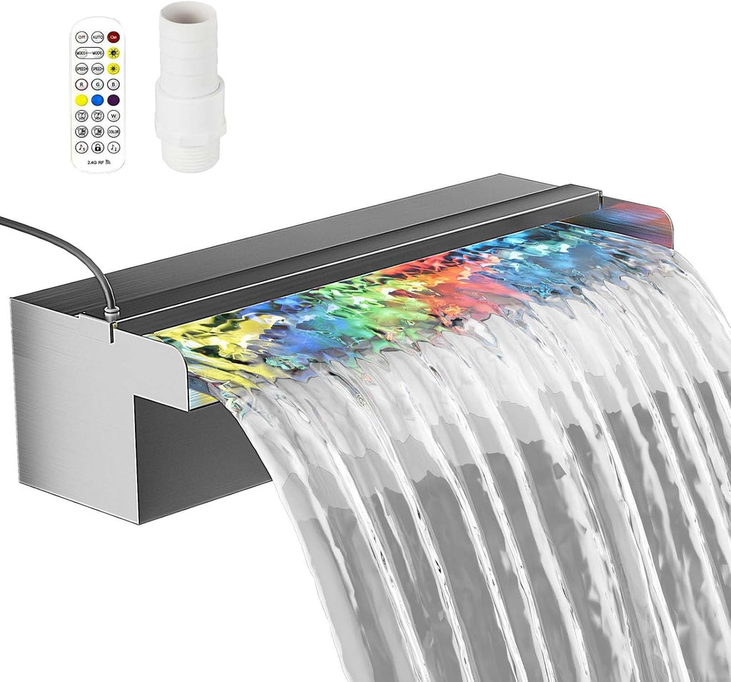 Pool Fountain Stainless Steel Waterfall with LED Lights - 11.8" LED Strip Remote Control with 18 Colors, Smooth Water