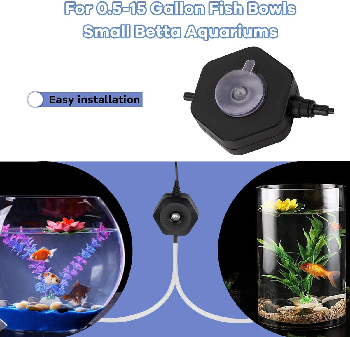 Quiet Mini Small Aquarium Air Pump Betta Fish Tank Bubbler Oxygen Aeration Pump with Air Stone Tubing Suction Cup for