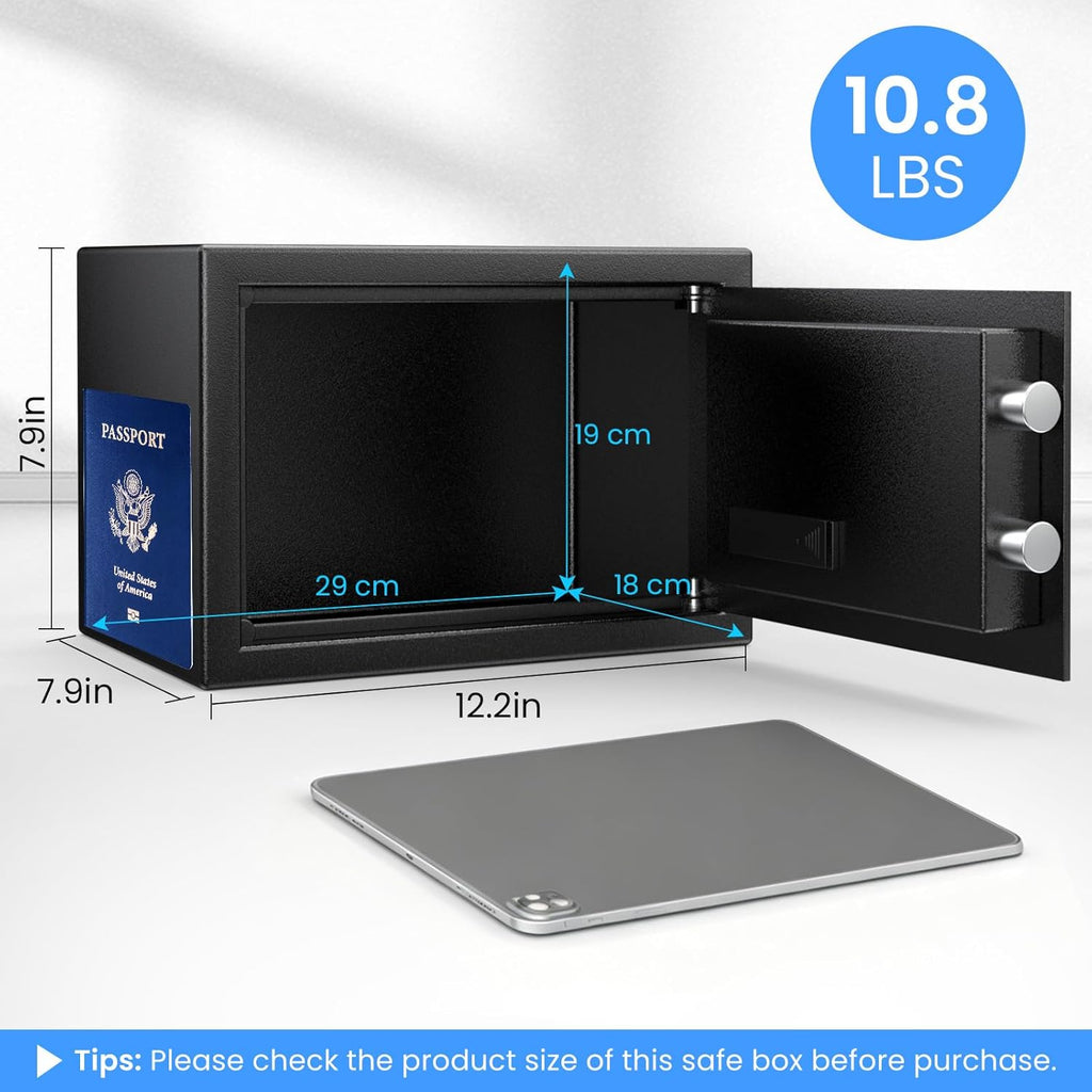 Small Smart Biometric Safe Box for Home, (7.87"D x 12.2"W x 7.87"H) | Mini Safes with Anti-Theft Dual Alerts, Mute