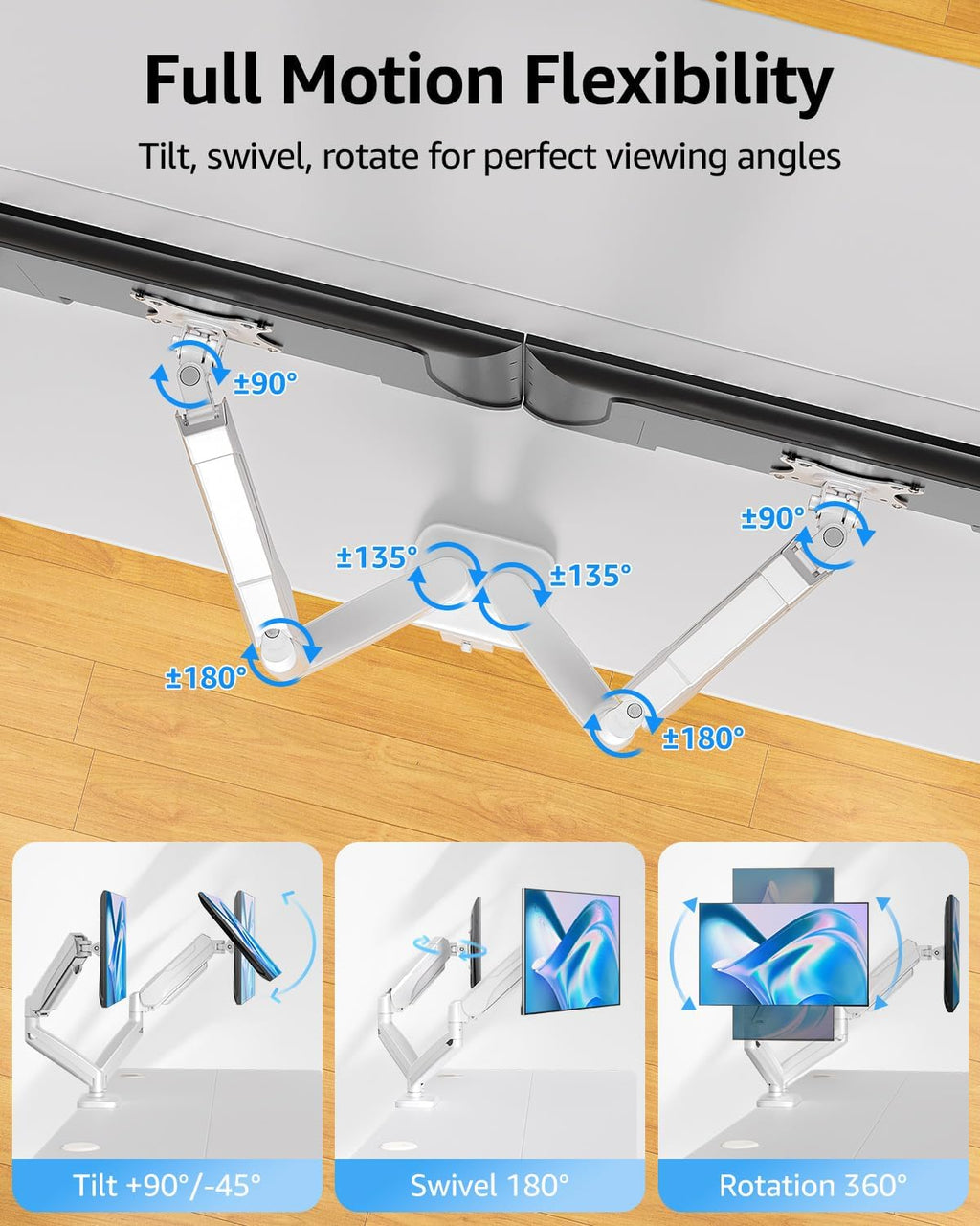 Dual Monitor Stand for Desk, Monitor Arms for 2 Monitors Max 32 Inches, Height Adjustable Double Monitor Mount, VESA