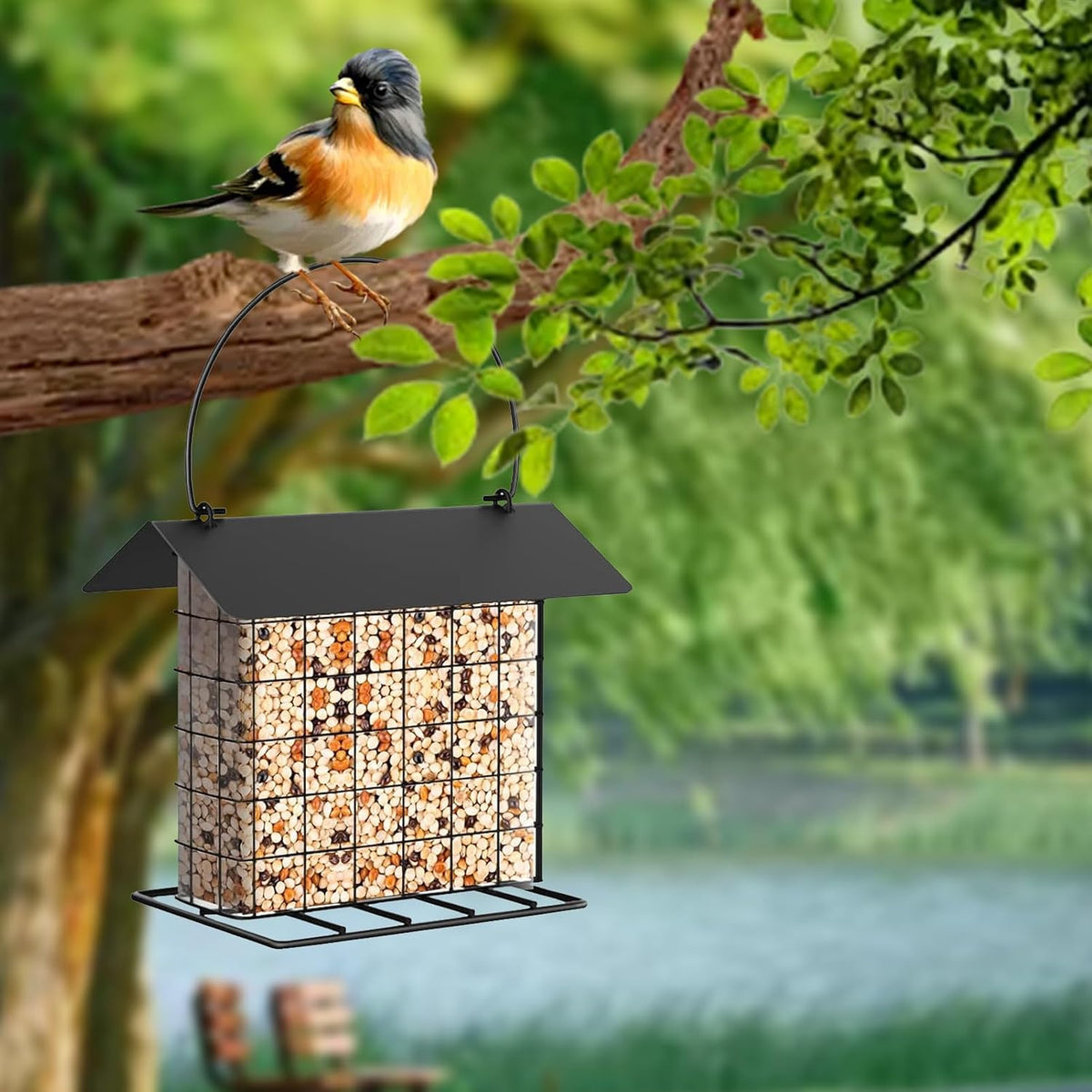 Suet Ball Bird Feeder Outdoor Hanging Metal Wire Wild Bird Feeder Fat Ball Food Feeder with Metal Roof and Platform