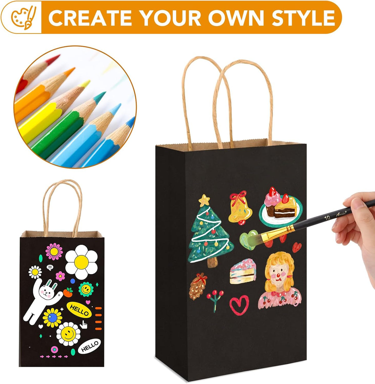 Black Paper Bags with Handles, 100Pcs 5.25x3.25x8.25'' Kraft Bags