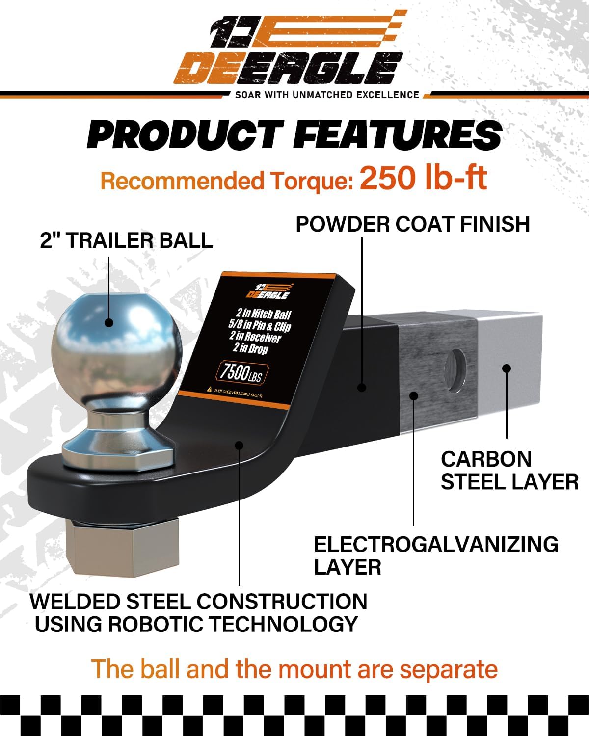 2 Inch Trailer Ball Hitch, Fits 2 in Receiver 7500lbs
