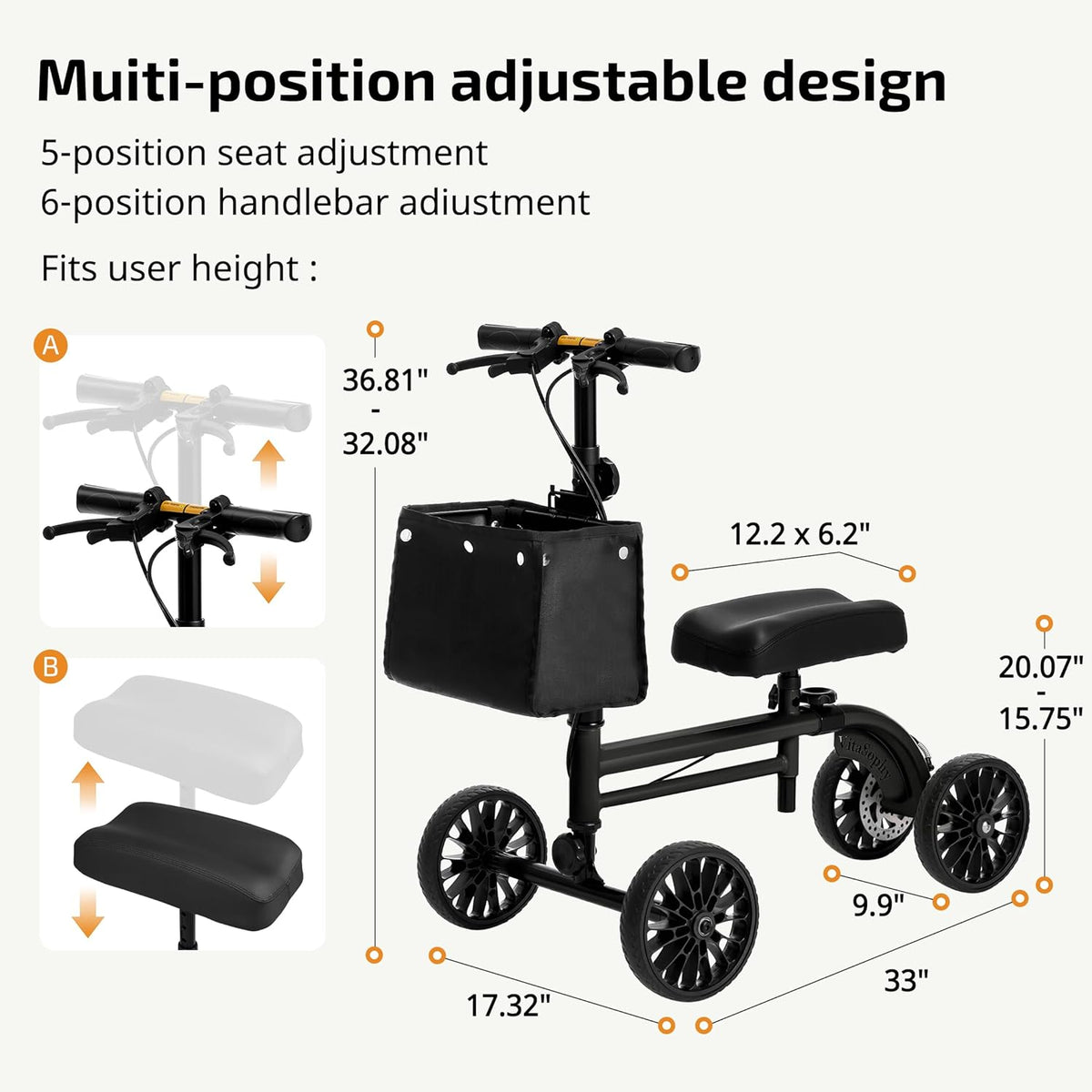 Steerable Knee Scooter Walker for Adults, Black