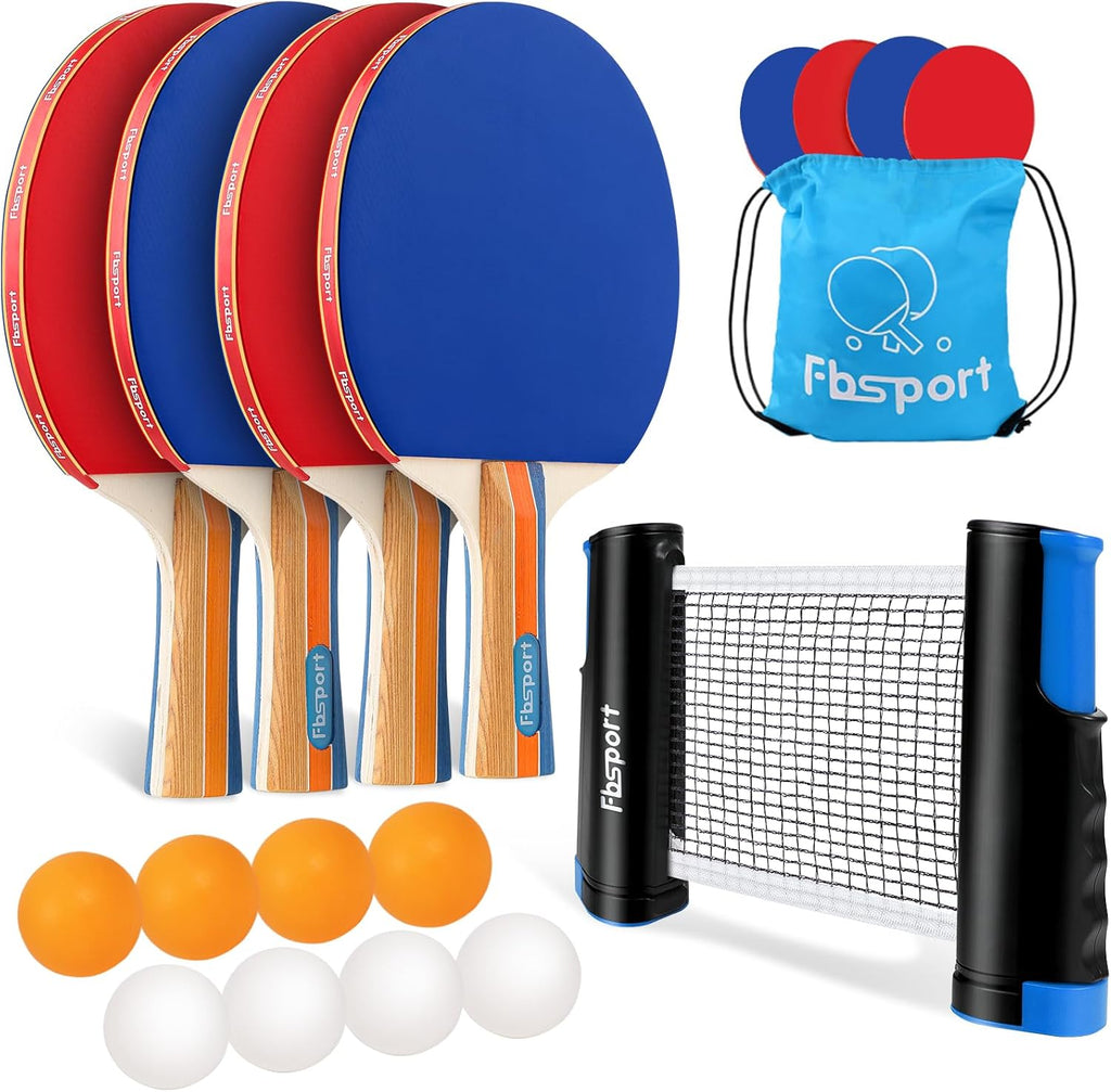 Ping Pong Paddle Set, Table Tennis Set with 4 Rackets and 8 Balls, Retractable Net with Storage Bag - Pingpong Paddle