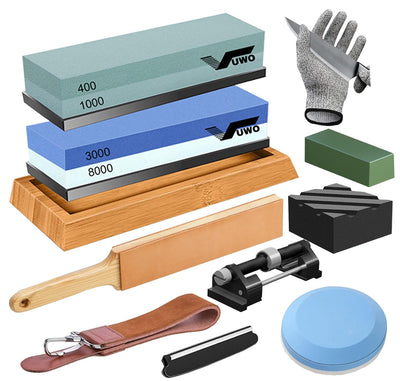 Knife Sharpening Stone Kit - Whetstone Dual Grit 400/1000 3000/8000 Premium Sharpener Set with Leather Strop