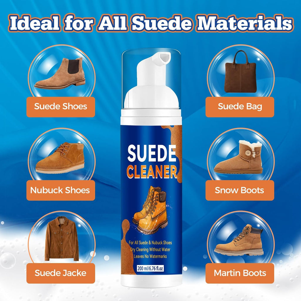 Suede Shoe Cleaner Kit 6.76 fl oz, No-Rinse Foam Shoe Cleaning Kit | Suede and Nubuck Shoe Cleaner with Brush and Cloth