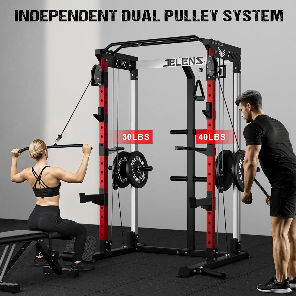 C21 Power Cage, 2000LBS Multi-Function Power Rack with Independent Dual Pulley System, All-in-One Squat Rack for