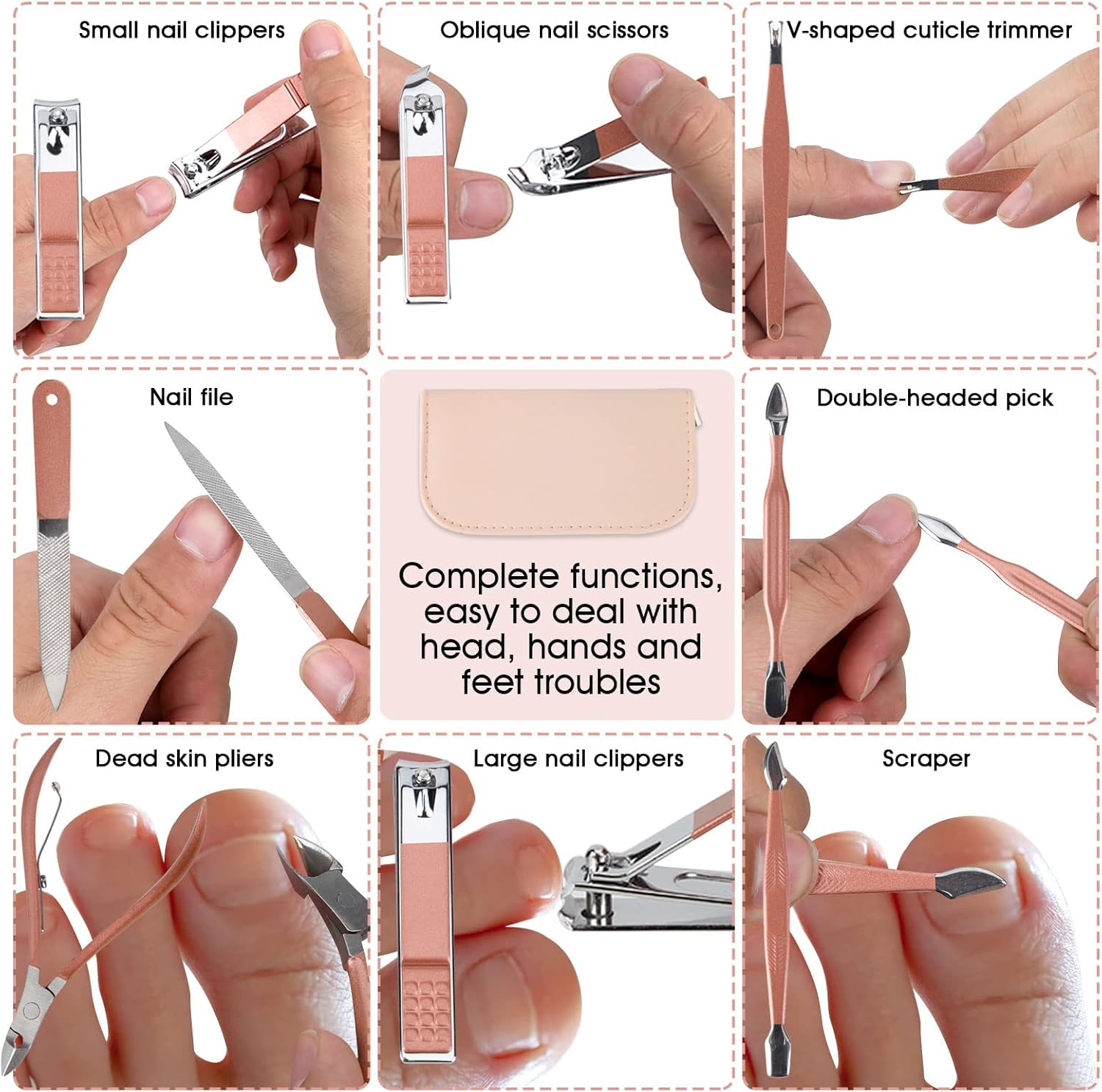 Nail Clippers & Beauty Tool Portable Set, Rose Gold Manicure Set, 12 in 1. | Martensitic Stainless Steel, Pink