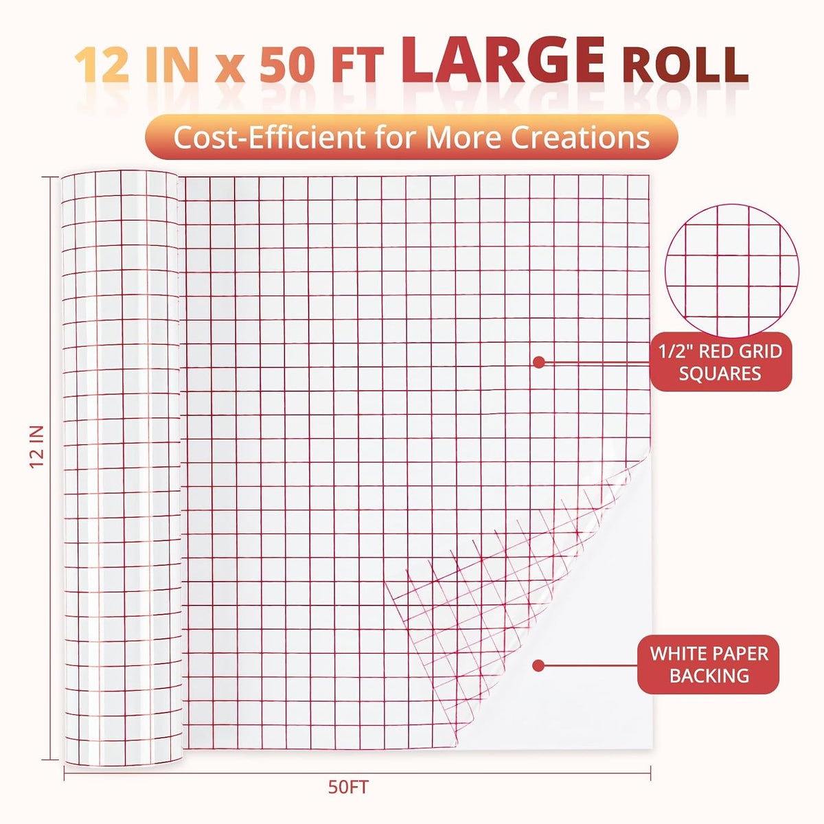 Transfer Tape for Vinyl, 12" x 50 FT, Medium Tack, Red