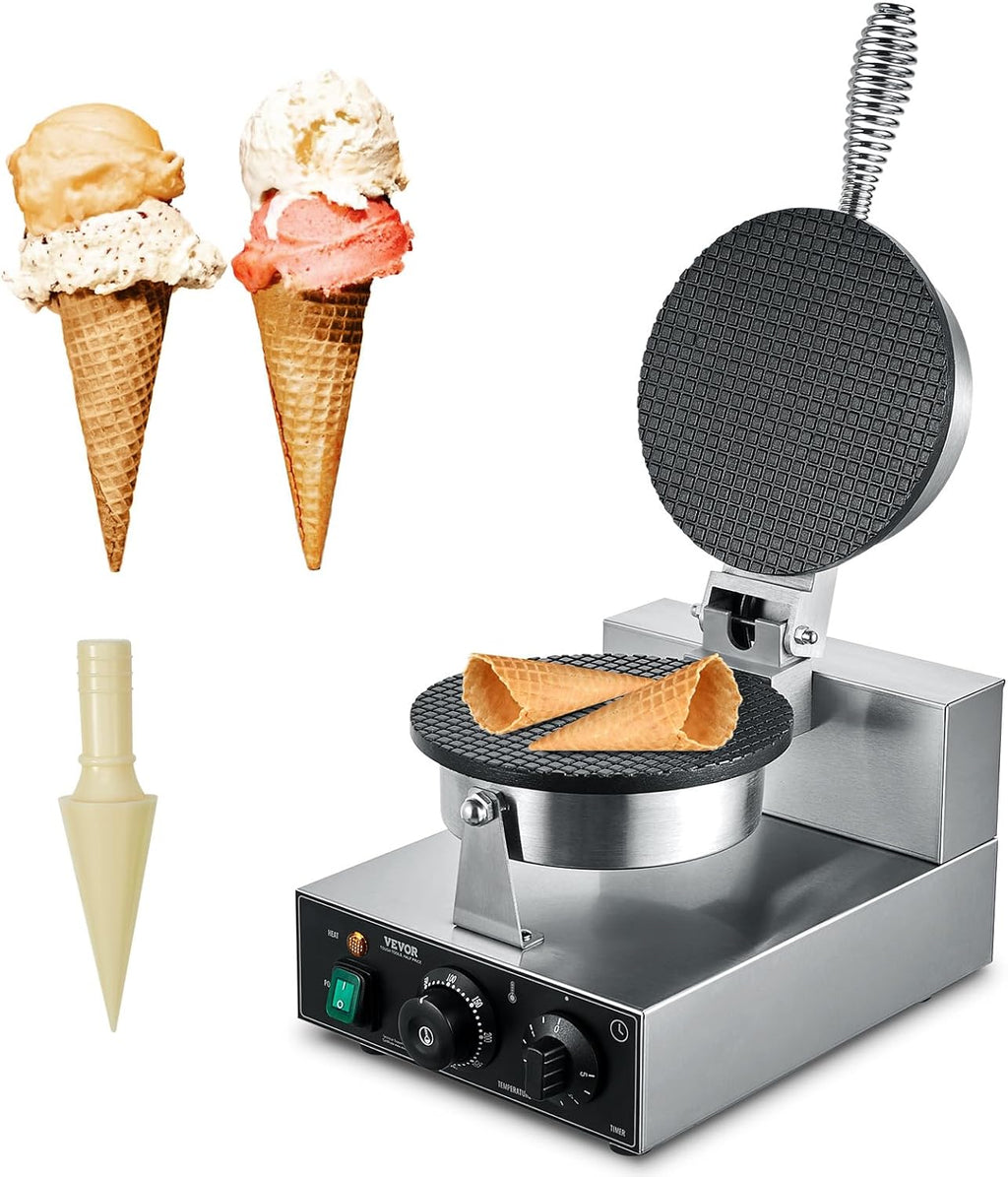 Commercial Waffle Maker 1 Pc Cone, Electric Stainless Steel | Crepe/Bubble Waffle/Pancake Maker, Temp Control