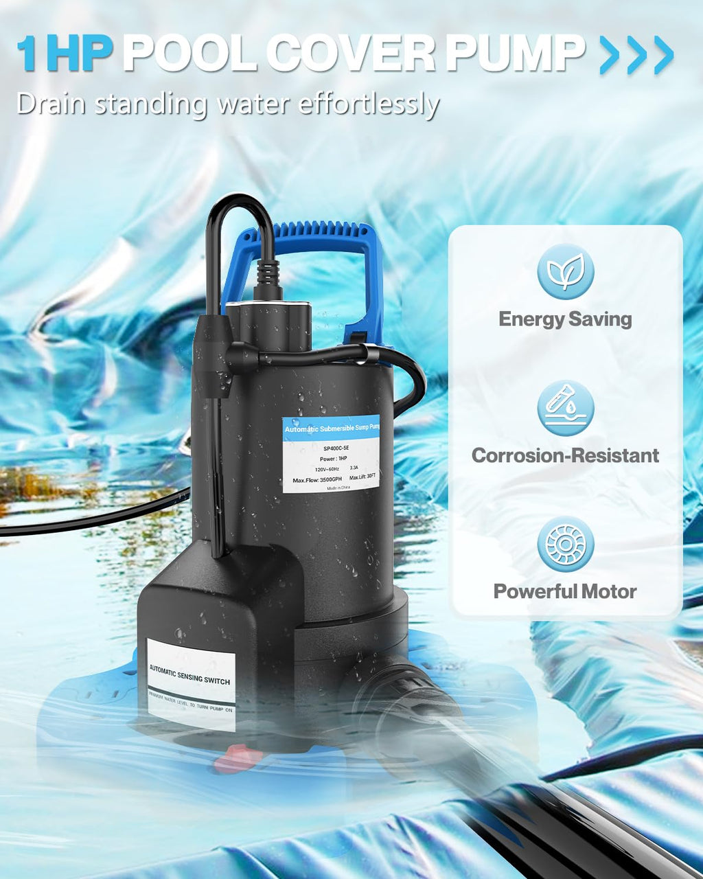 AgiiMan 1HP Automatic Pool Cover Pump, Submersible Sump Pump, Light Blue
