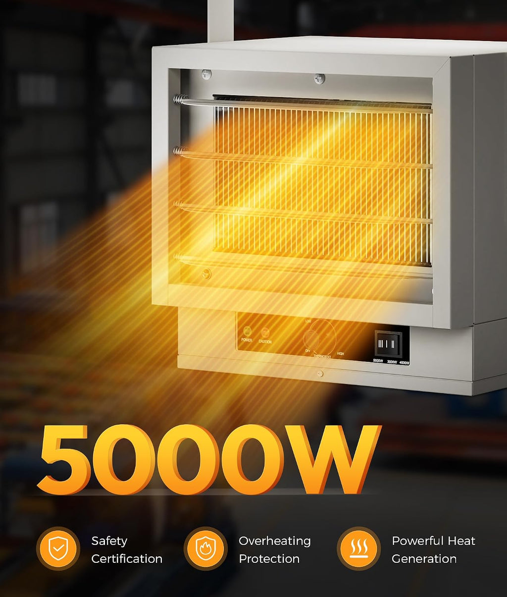 Electric Garage Heater for Indoor Use - 5000W, 240V Wall/Ceiling/Floor Mounted Shop Heater, Dual Overheat Protection