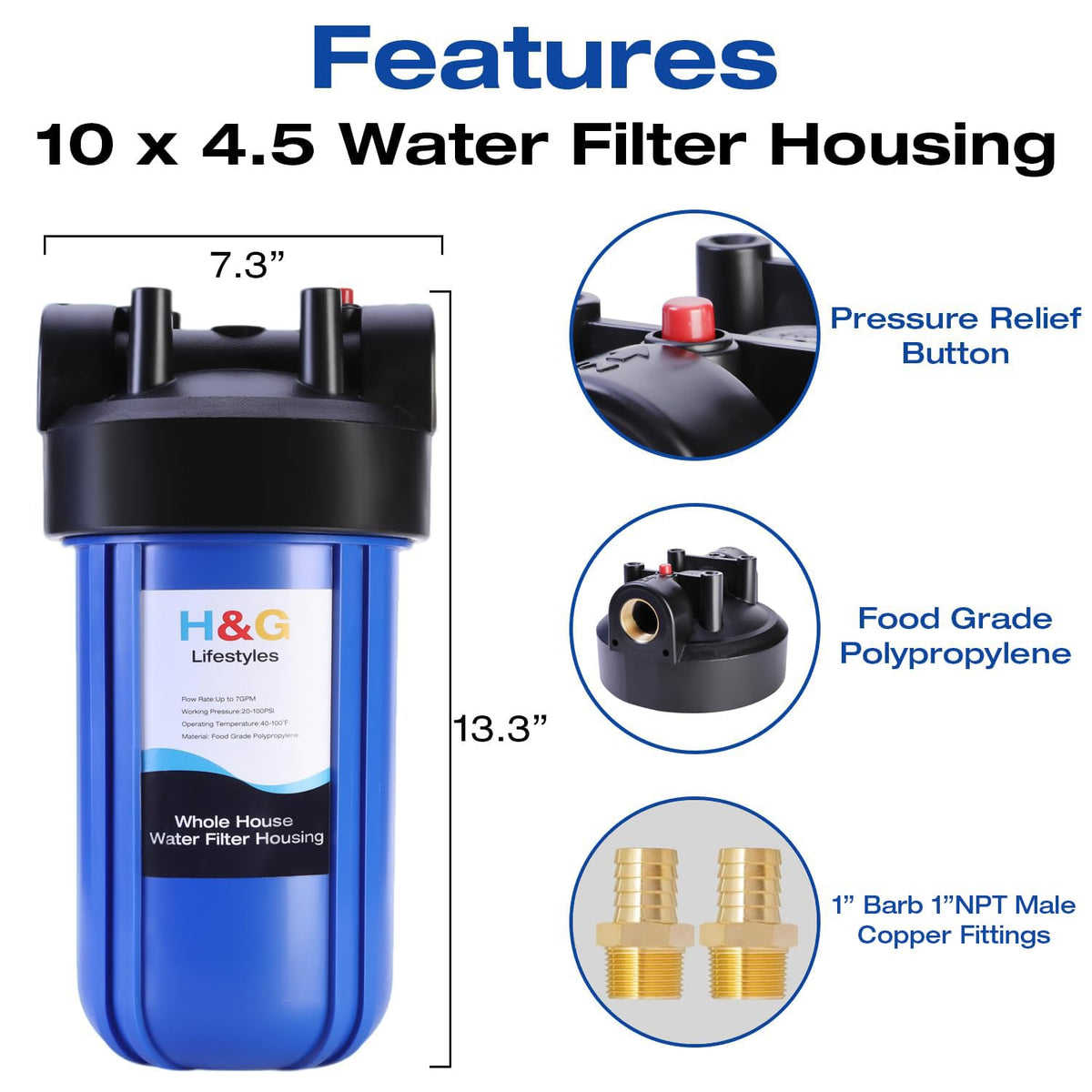 Iron Water Filter for Well Water, 10" x 4.5" Water Filter Housing with Iron Filter Cartridge,1" Brass NPT Port