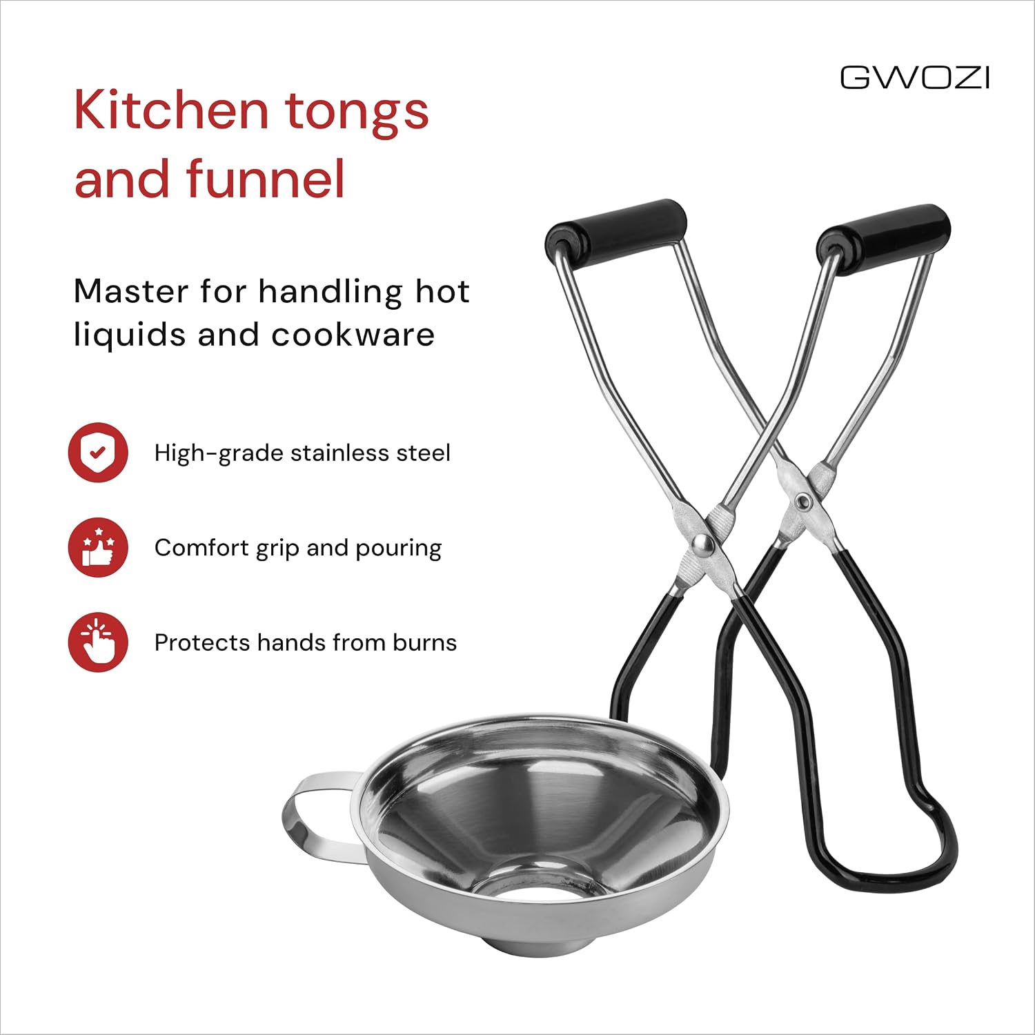 Canning Tongs Jar Lifter & Canning Funnel with Wide Mouth, Set of 2 - All Size Canning Jar Lifter with Rubber Grips