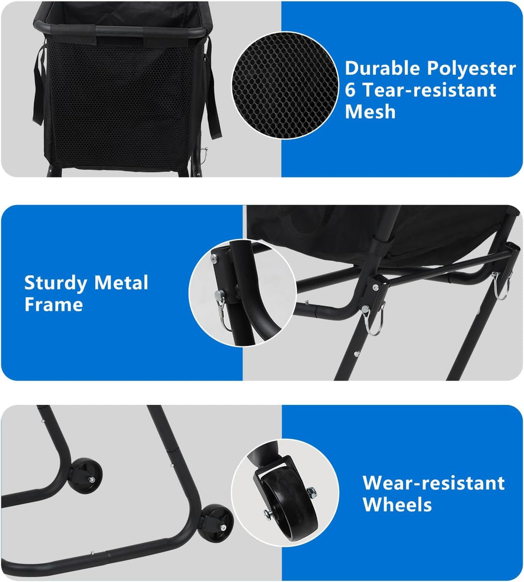 Portable Tennis Ball Hopper with Wheels, Foldable Ball Caddy Holder for Baseball, Pickleball, Softball and Tennis