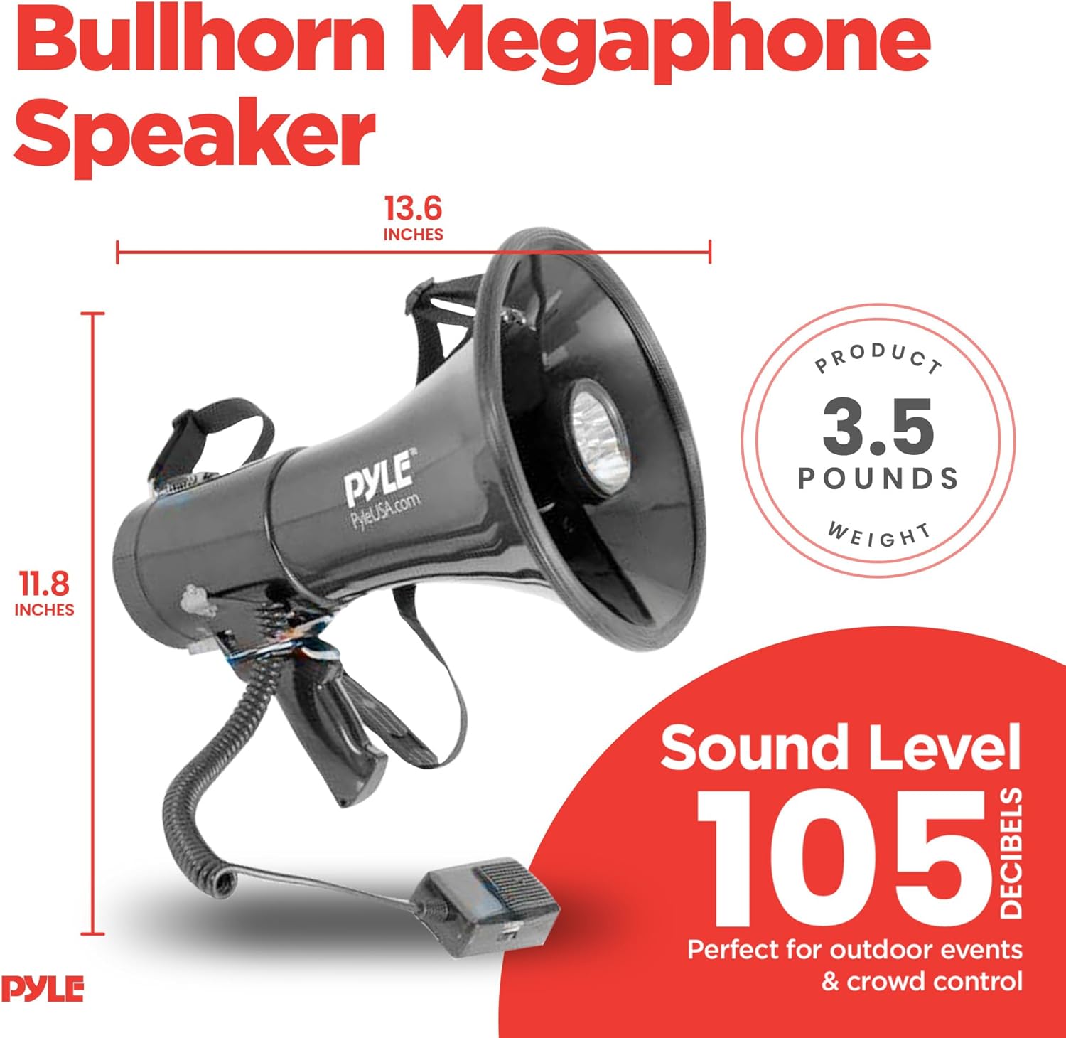 Portable Compact PA Megaphone Speaker with Alarm Siren & Adjustable Volume - 50W Handheld Lightweight Bullhorn - with