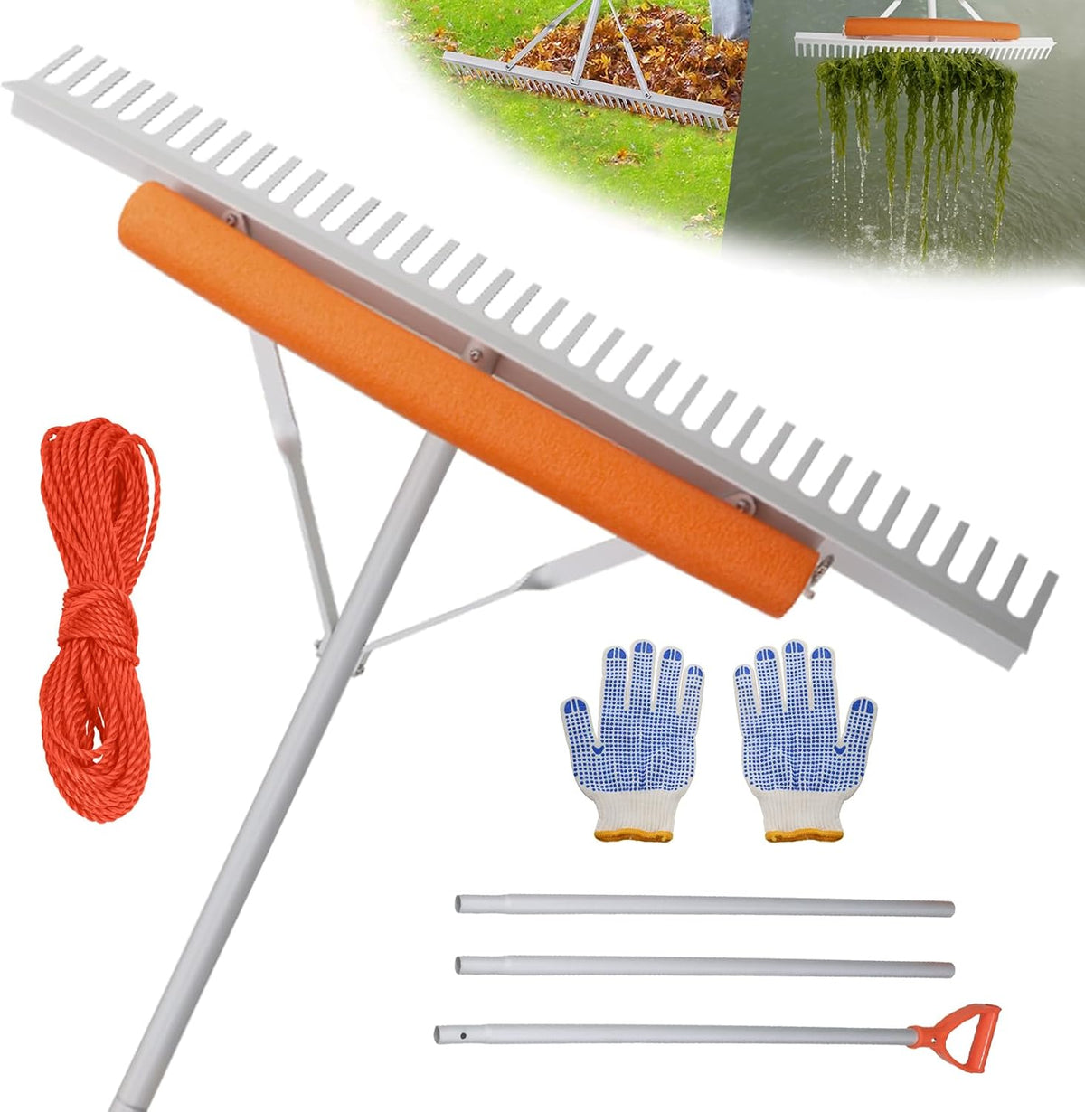 Floating Weed Lake Rake, 36 Inch Widths Pond Rake Aquatic Weed Rake, 133 Inch Extensible Multifunctional Folding