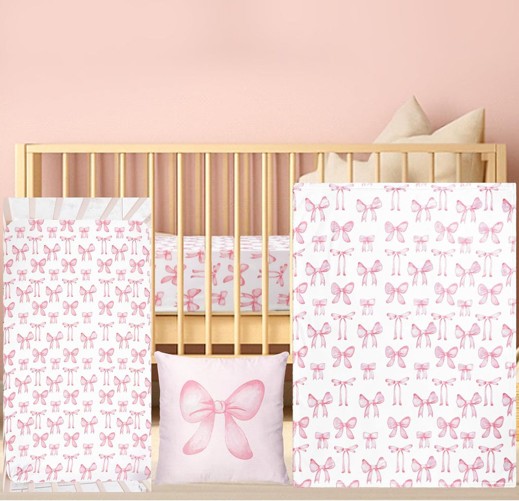 Baby Pink Bow Crib Bedding Set 3 Pcs Crib Set Baby Blanket, Fitted Sheet, Pillowcase Soft Flannel Nursery Bedding for