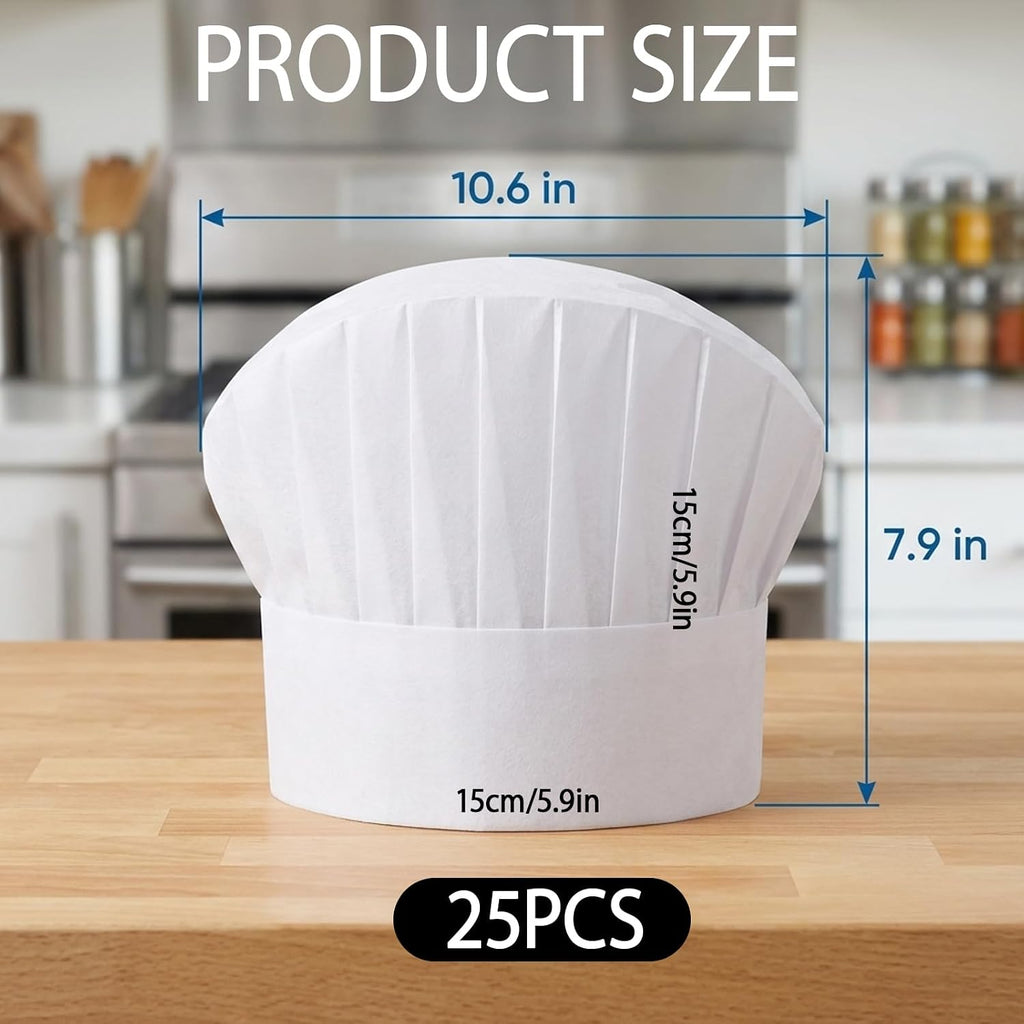25 Count Chef Hat, Paper Chef Hats for Cooking Parties and Baking Classes, Non-Woven Disposable Chef Hats for Kitchen