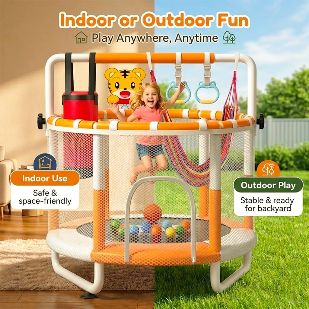 55" Kids Indoor Trampoline with Safety Net, Adjustable Gymnastics Bar & Toys – Indoor/Outdoor Toddler Play Gym for