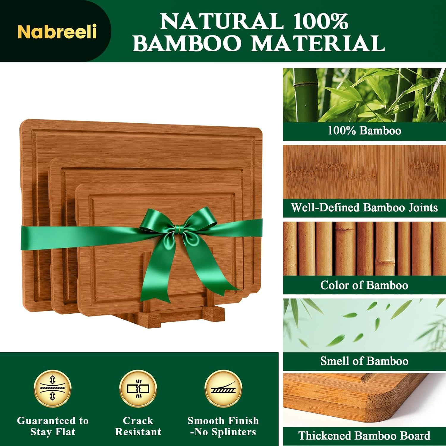 Bamboo Cutting Board Set of 3 with Holder – Space-Saving Kitchen Boards for Fruit, Cheese & Everyday Food Prep –