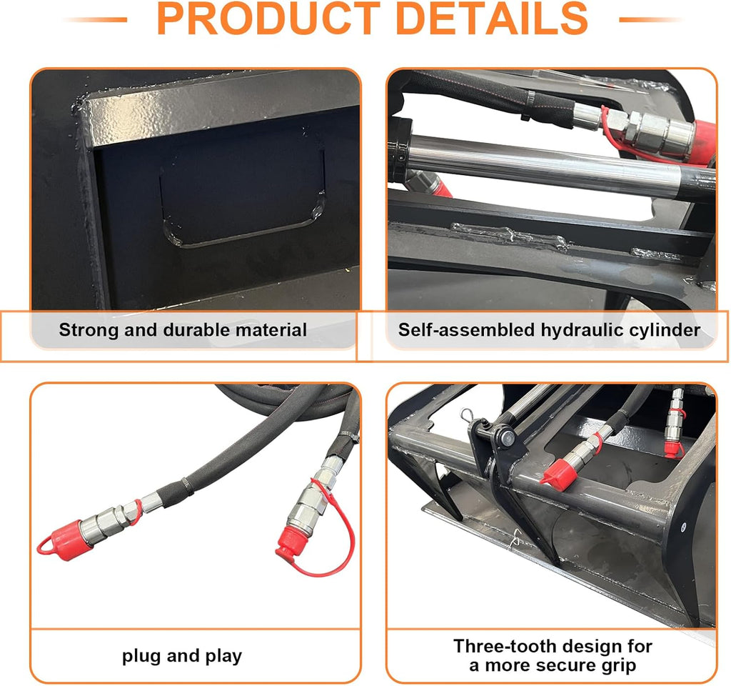 44" Mini Skid Steer Root Grapple Bucket, Universal Quick Tach Connection | 3,000 PSI Hydraulic Cylinder with Cylinder