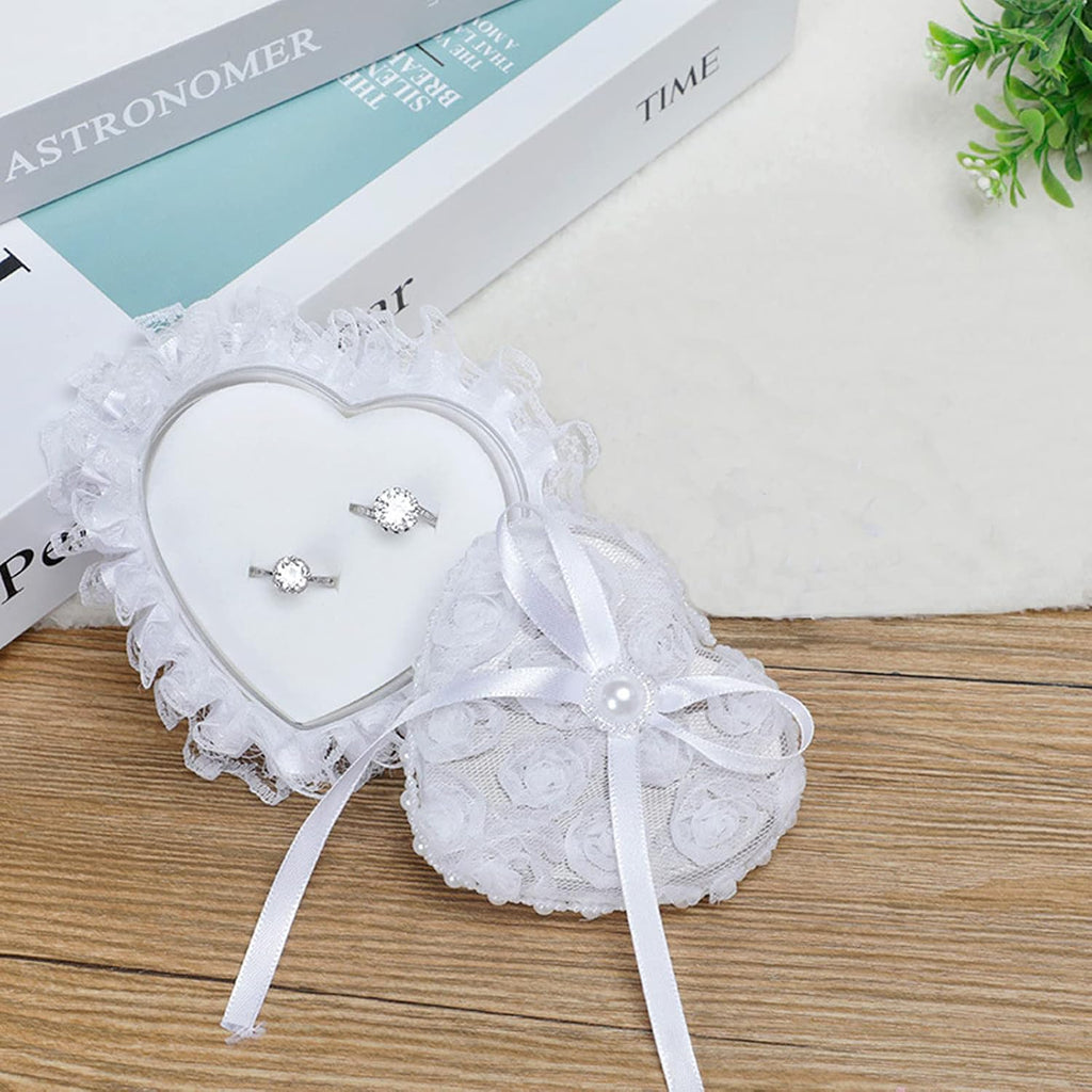 Romantic Heart Shaped Wedding Ring Bearer Box Wedding Ring Holder Lace Pearl Flower Elegant Ring Bearer Pillow for