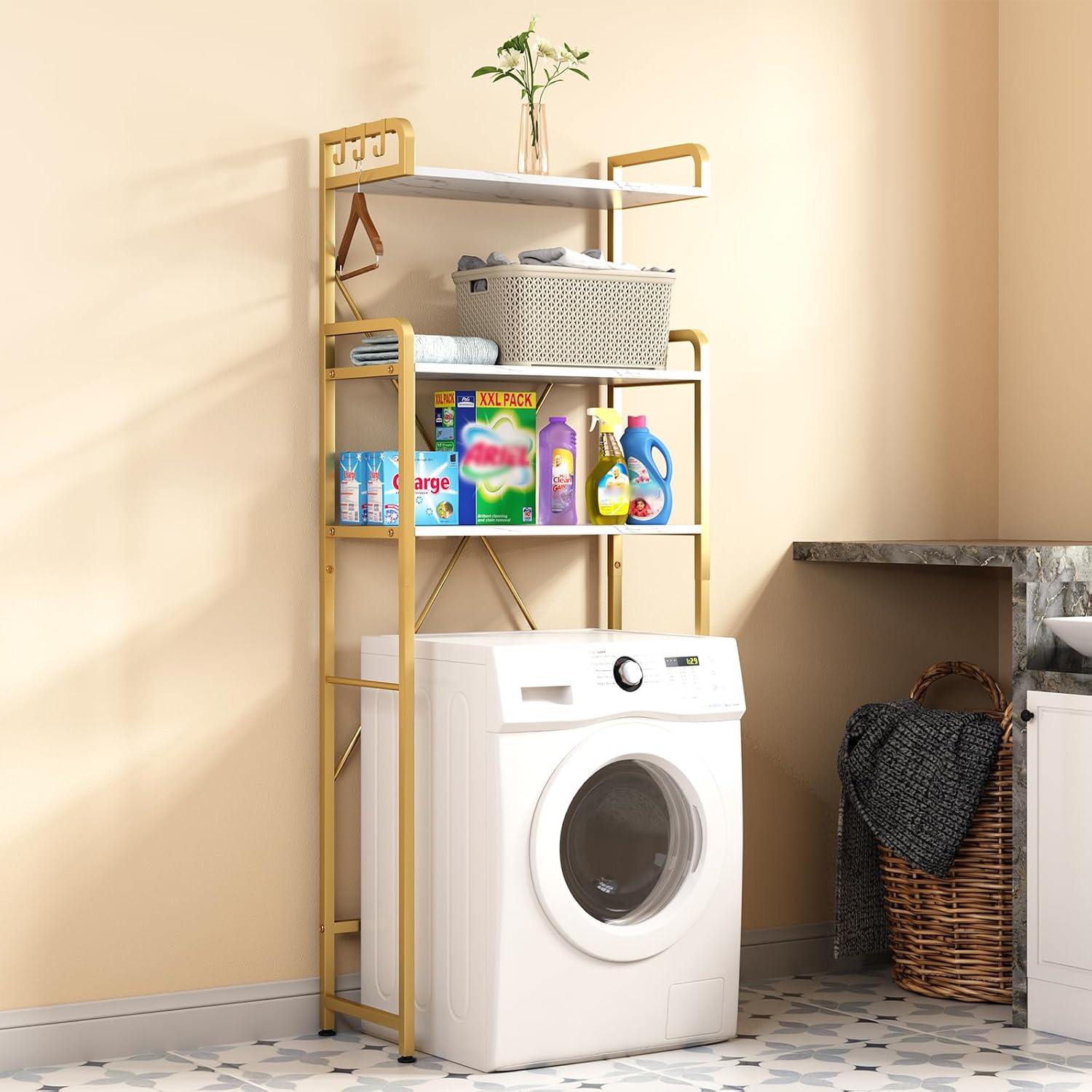Over The Toilet Storage Rack with 3-Tier Shelves, Space Saver Toilet Shelf, Laundry Organizer with Hooks for Over