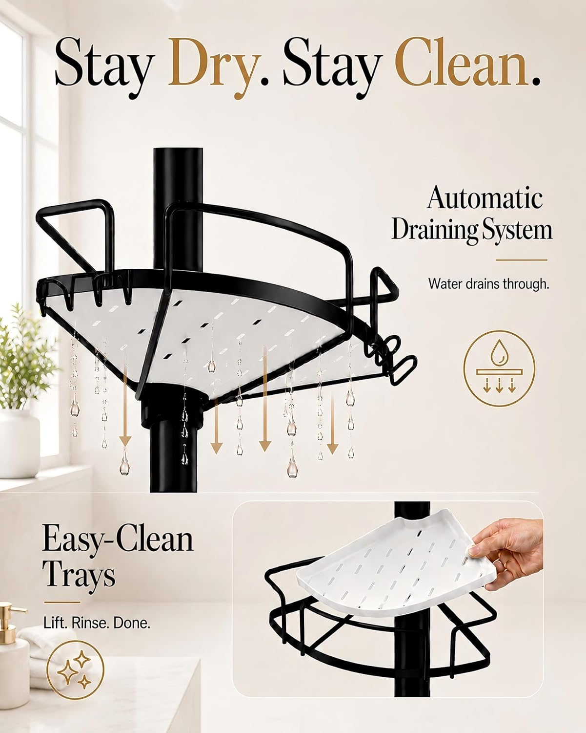 Corner Shower Caddy Tension Pole, 4 Hang-On Basket with Mixed-Height Shelves for Various Bottle Sizes, Extra Hooks &