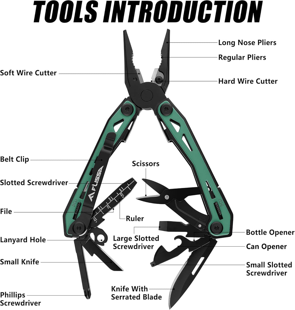 16-In-1 Multi-Tool Pliers, EDC Multitool, Multipurpose Tool, Green | Gift for Men, Stainless Steel, Pocket Knife